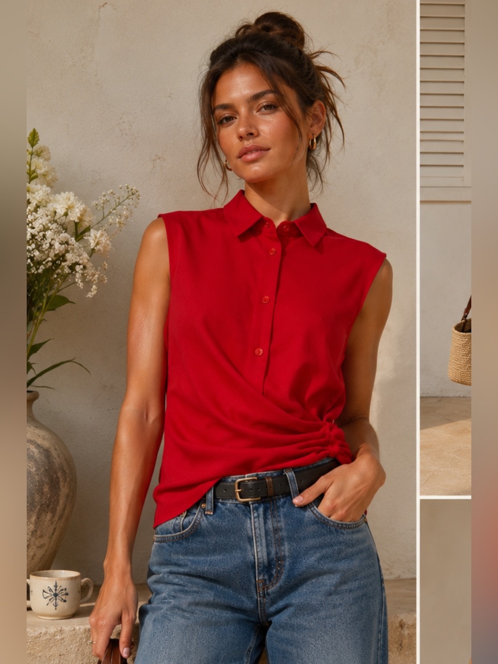 Carven Paris Draped Sleeveless Scarlet Red Satin Crepe Blouse Top FR 42
